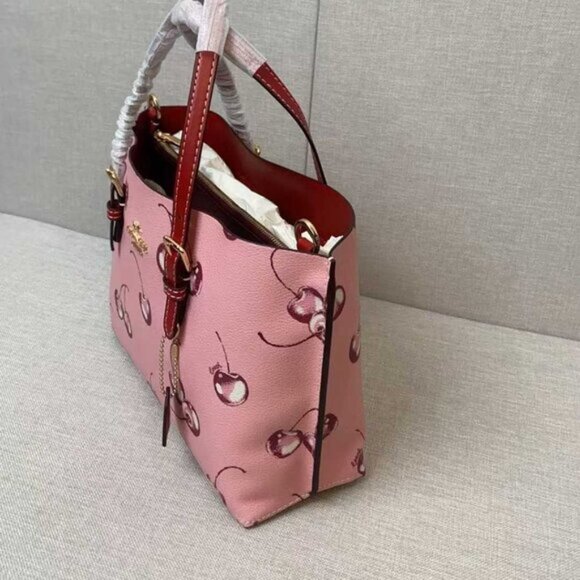 COACH Mollie Tote 25 2way Shoulder Bag Canvas Leather Cherry Pink CR293 Outlet - Picture 6 of 8